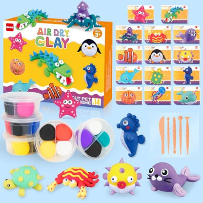 Air Dry Clay Kit for Kids, 14 Marine Animal Molding Set | Ultra Light & Soft, Safe Non-Toxic, DIY Art Crafts, Gifts for Ages 4-8+ Boys Girls