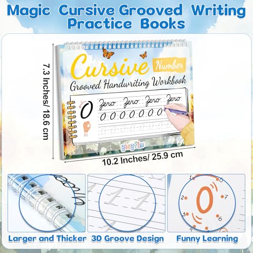 gisgfim Grooved Cursive Handwriting Workbook Magic Reusable Grooved Cursive Handwriting Practice Guided Tracing with Disappearing Ink Pens for Beginners Kids Learning Activities Supplies (Number) - style: Numbers