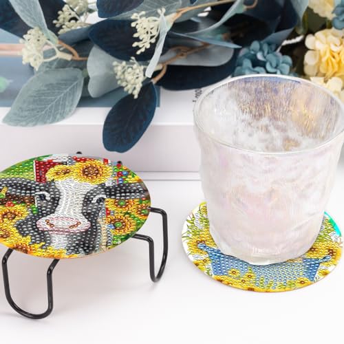 8 Pcs Diamond Art Painting Coasters with Holder, DIY Highland Cow Flower Diamond Art Coasters for Drinks Diamond Art Painting Kits for Beginners, Diamond Craft Supplies for Adults - color: Highland Cow