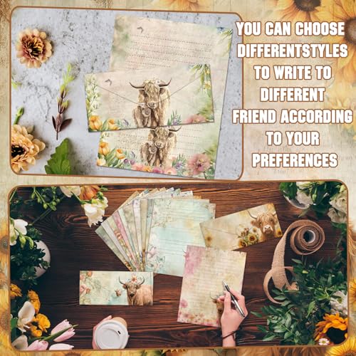 TaoBary 160 Pcs Floral Highland Cow Stationery Paper and Envelopes Set 50 Double Sided Lined Stationery Paper with 50 Envelopes and 60 Round Dot Sticker 8.5 x 11'' Letter Writing Kit, 10 Design - size: 8.5 x 11 Inch, style: Floral Highland Cow