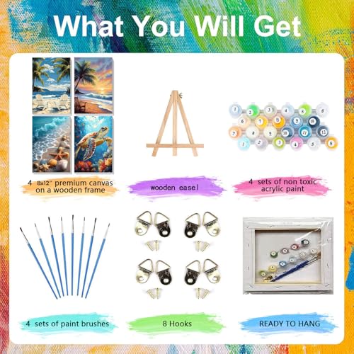 4 Pack Beach Paint by Numbers for Adults with Framed Canvas - Wooden Easel - color: BKMT0055+BKMT0056+BKMT0057+BKMT0058