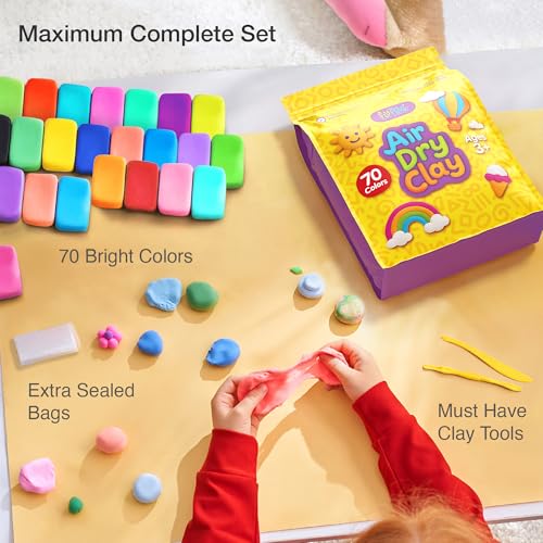 FlyFlag Air Dry Clay - 70 Colors, Ultra Light and Soft, Non-Toxic Modeling Clay for Kids with Tools and Tutorials, for Creative Play and Learning