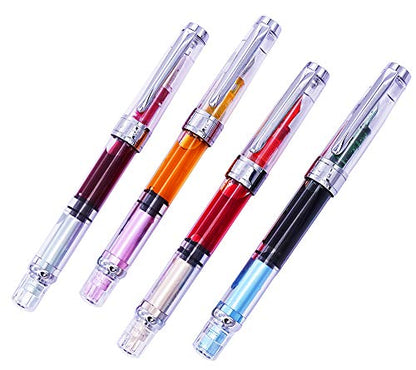 Lanxivi 4 x Yongsheng 3008 Fountain Pen Upgrated Fine Nib,Silver Trim,Piston Filling, Transparent - color: 3008 A Silver Trim F
