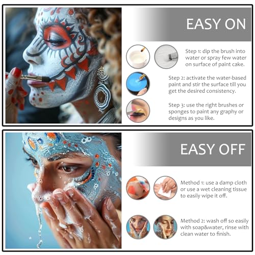 US Flag Red White and Blue Joker Face Body Paint, Water-Based Face Painting Kit with Brushes for America’s Patriotic Parades 4th of July USA Independence Day & Halloween Costume Clown Cosplay Makeup - color: White+Red+Blue+3Pcs Brushes