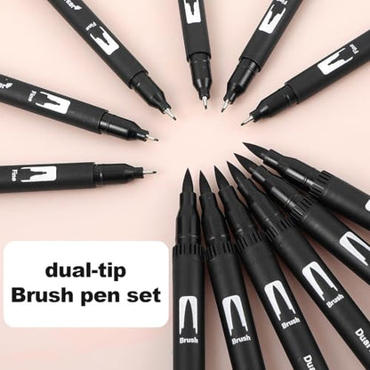 Qianyu 12 Pack Drawing Pens Black Felt Tip Markers Dual Brush Fineliners Pens Fine Calligraphy Brush Pens For Beginners Art Sketching Writing Hand Lettering Scrapbooking Journaling