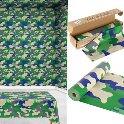 100FT x 54IN Camouflage Plastic Tablecloth Roll with Slide Cutter Box | Heavy Duty Disposable Green Camo Table Cover Wall Backdrop for Picnic, Birthday, Camouflage Party Supplies - color: Green Camo, size: 1200" x 54" (Rectangular)