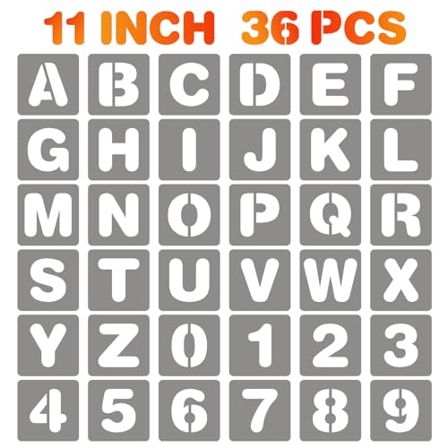 BAMIDELE 11 Inch Letter and Number Stencils, 36 Pcs Reusable Plastic Alphabet Spray Paint Stencils for Painting on Wood, Wall, Fabric, Rock, Chalkboard, Door Porch, Signage, DIY Craft Decoration - size: 11 Inch