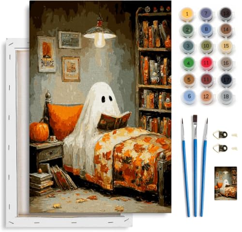 Spandrel Halloween Ghost Framed Paint by Numbers Kit for Adult, Vintage Paint by Number Kits on Canvas Ghost Reading, DIY Acrylic Oil Halloween Painting by Numbers Gifts for Home Wall Decor, 8x12in - color: H-06