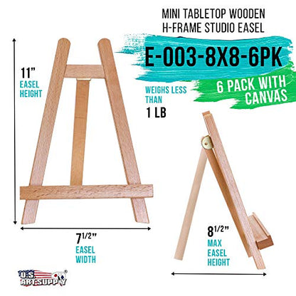 U.S. Art Supply 8" x 8" Stretched Canvas, 10.5" Small Wooden Tabletop Easel