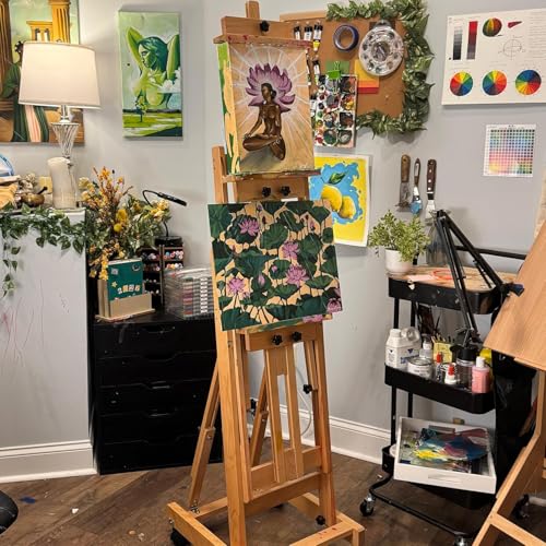 PHOENIX Versatile Studio H-Frame Easel - Solid Beech Wood with Locking Casters, Adjustable Angle & Height, Heavy Duty Canvas Holder with Storage Tray for Professional Artists - Light Walnut