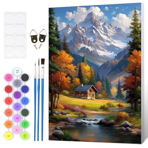 HEIBAGO Framed Paint by Numbers Kit Landscape for Adults, Paint by Numbers for Adults Beginner,Adult Paint by Number Kits Mountain Hut on Canvas,DIY Painting by Numbers for Gift Home Wall Decor 8x12In - color: Mountain Hut