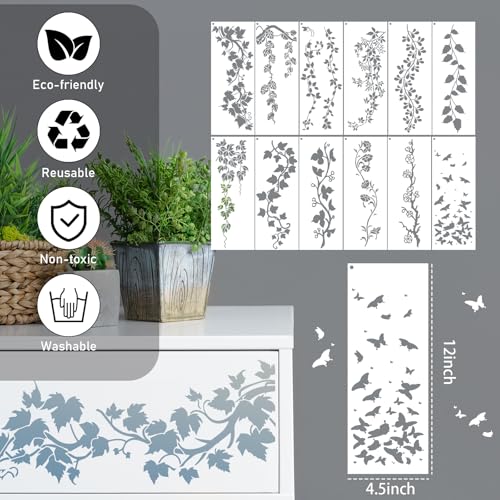 Leaf Vine Border Stencil for Painting - 12 Pcs Reusable Flowers Wall Stencils for Painting Large Pattern, Tree Stencil for Painting on Wood DIY Home Canvas Wardrobe Crafts Decoration - style: Vine Stencil