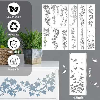 Leaf Vine Border Stencil for Painting - 12 Pcs Reusable Flowers Wall Stencils for Painting Large Pattern, Tree Stencil for Painting on Wood DIY Home Canvas Wardrobe Crafts Decoration - style: Vine Stencil