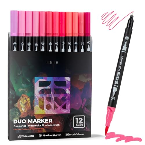 Pink Duo Tip Marker Pens, 12 Fine & Brush Tip Pen For Adult Coloring Books - color: 12 Pink