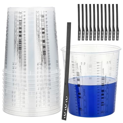 12 Pack 64oz 1900ml Clear Plastic Paint Mixing Cups with 12 Stir Sticks - Disposable Graduated Measuring Cups for Paint, Resin & Epoxy with ML Scale & 3-Column Ratios (1:1-7:1) for DIY Crafts - size: 64oz / 1900ml