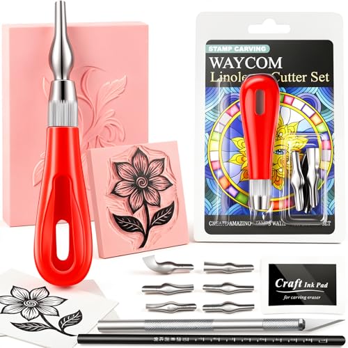 WAYCOM Linocut Kit for Beginners - 4x6 Soft Rubber Carving Block with Linoleum Cutter, Hobby Knife, Ink Pad & Pencil - Stamp Making & Block Printing Starter Set, DIY Craft Gift for Adults & Teens - color: Pale Pink-1 Rubber Block