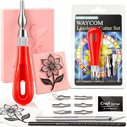 WAYCOM Linocut Kit for Beginners - 4x6 Soft Rubber Carving Block with Linoleum Cutter, Hobby Knife, Ink Pad & Pencil - Stamp Making & Block Printing Starter Set, DIY Craft Gift for Adults & Teens - color: Pale Pink-1 Rubber Block