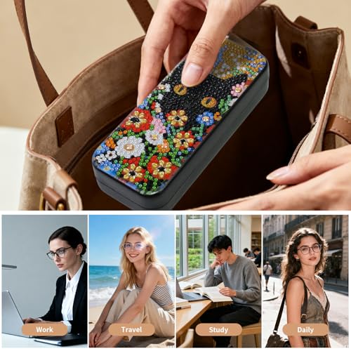 FlyingMage 5D Diamond Art Painting Kit for Adults Beginner, Small DIY Diamond Dots Gem Art Painting Mosaic Kits, Cute Hard Shell Sunglasses Eyeglasses Glasses Case for Women Teen, Flower Cat - color: Orange Cat