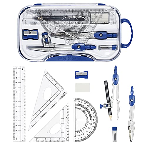 Vobou 10 pcs Math Geometry Set Student Supplies,Compass Kit Set, Navy Blue | Shatterproof Storage Box,Rulers,Protractor,Compass,Eraser,Pencil Sharpener,Lead Refills,Pencil,for School and Drawing - color: Navy Blue