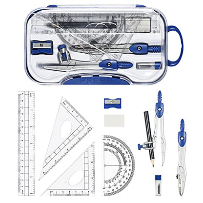 Vobou 10 pcs Math Geometry Set Student Supplies,Compass Kit Set, Navy Blue | Shatterproof Storage Box,Rulers,Protractor,Compass,Eraser,Pencil Sharpener,Lead Refills,Pencil,for School and Drawing - color: Navy Blue