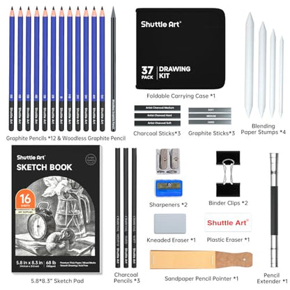 Shuttle Art Sketching and Drawing Pencils Set, 37-Piece Professional Sketch Pencils Set in Zipper Carry Case, Drawing Kit Art Supplies with Graphite Charcoal Sticks Tool Sketch book for Adults Kids