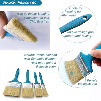 Magimate Stain Brush Set 1-inch 2-inch 3-inch and 4-inch Assortment, Bristle Paint Brush, Natural Bristle Blended with Synthetic, Chip Paint Brush Variety Staining Brushes Pack of Four (Pack of 2) - size: 1-inch, 2-inch, 3-inch, 4-inch (Set) (Pack of 2)