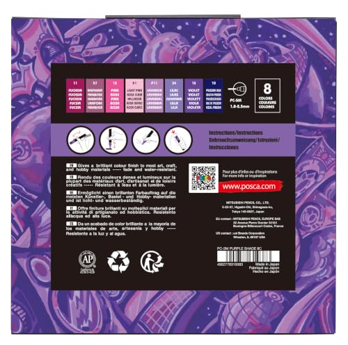 posca® PC-5M Water-Based Paint Markers, Medium Reversible Tip (1.8–2.5 mm), 8 Count Purple Shade Colors - color: Purple