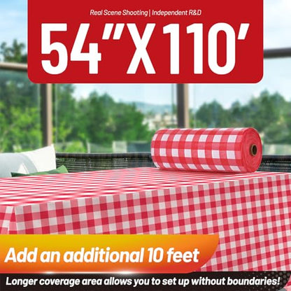 Plastic Table Cloth, 110 Ft X 54 In Plastic Table Cover Gingham Tablecloth | Red and White Checkered Tablecloth Roll with Cutter PEVA Plastic Table Cloth Disposable for Backyard BBQ, Gathering, Buffet - color: Red Checkered, size: 1320" x 54" (Rectangular