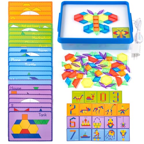 Light Box with Pattern Blocks & Cards Set (Blue) | Educational Toys for Tracing, Sensory Play & Early Learning, Light Table for Kids - style: Blue