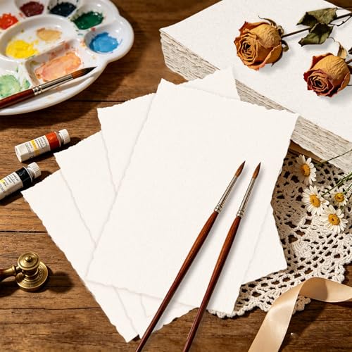 100 Sheets Deckled Edge Handmade Paper, 4” x 6” Rough Textured Watercolor Paper, 160 GSM, White, Cotton, Ideal for Wedding Birthday Invitations Greeting Cards DIY Crafts - color: 100 Sheets