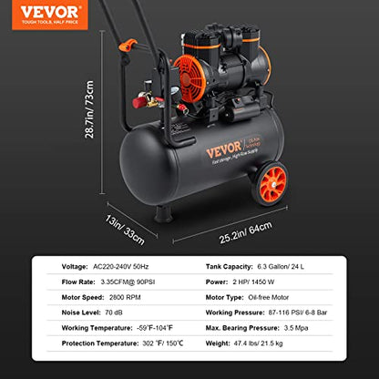 VEVOR 6.3 Gallon Air Compressor, 2 HP 3.35 CFM@90PSI Air Compressors with Max. 116PSI Pressure, Oil Free Compressor Tank for Auto Repair, Tire Inflation, Spray Painting, Woodwork Nailing | Oil Free Compressor Tank for Auto Repair, Tire Inflation, Spray Pa