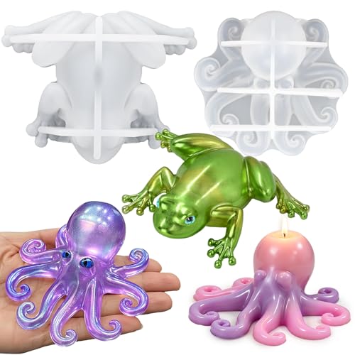 Resin Animal Molds, Set of 2 Octopus and Frog Resin Crafting Molds | 3D Animal Silicone Molds for Epoxy Resin Casting, Making Octopus Candle, Frog Soap DIY Art Gift, Home Decoration - color: Octopus and Frog Resin Molds