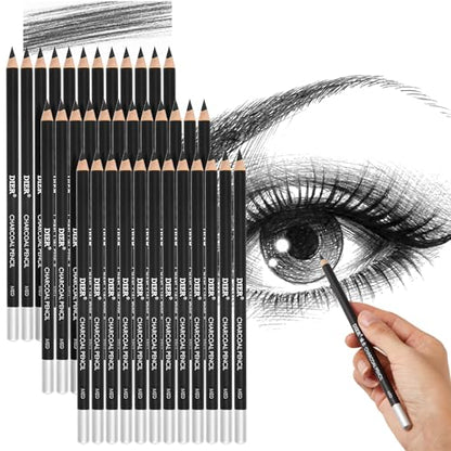 Geyoga 36 Pcs Professional Charcoal Pencils Soft, Medium and Hard for Drawing Charcoal Pencils for Sketching Shading Drawing Blending Portrait(Black, Medium) - style: Medium