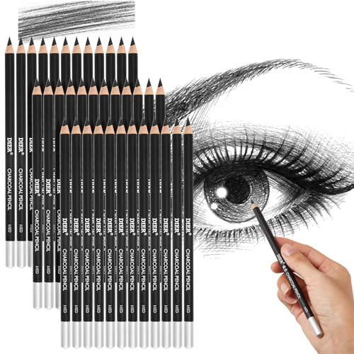 Geyoga 36 Pcs Professional Charcoal Pencils Soft, Medium and Hard for Drawing Charcoal Pencils for Sketching Shading Drawing Blending Portrait(Black, Medium) - style: Medium