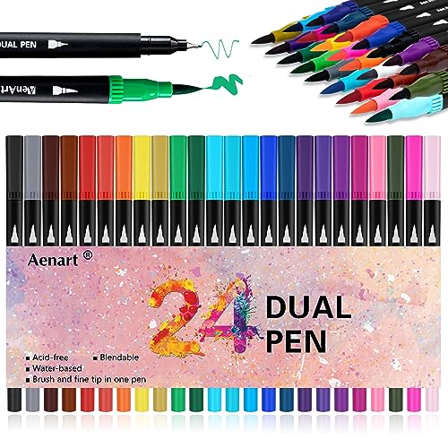 Dual Brush Markers for Adult Coloring Books, 24 Colored Fine Point Marker | Colored Double-Tip Pens for Note taking Planner Hand Lettering Calligraphy Drawing Journaling - color: ‎24 Colors
