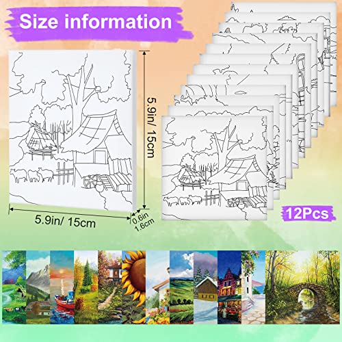 Teling 12 Pcs Pre Drawn Stretched Canvas Kit for Adults Painting Pre Printed Canvas Outline for DIY Painting Party Favor,6 x 6 x 0.6 Inches(Landscape) - style: Landscape