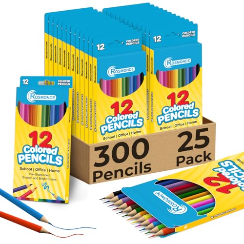 Rosmonde Colored Pencils Bulk 25 Pack | 300 Pencils, 12 Bright Colors | Assorted Pre Sharpened Colors Set, Easy Grip, Ready to Use Pencils for Teachers, Classroom, Art Stations & Coloring Projects - style: 25 Pack | 300 Pencils