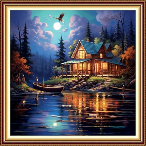 Funchey Stamped Cross Stitch Kits, DIY Cross Stitch Pattern for Adults Beginners Needlepoint Kits Embroidery Kit Arts and Crafts 11CT- Night View by the Lake 18x18 inch - color: Handicraft patterns12