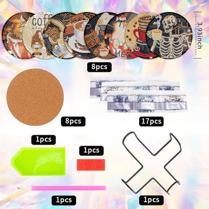 8 Pcs Diamond Art Painting Coasters with Holder, DIY Coffee Cups Animals Diamond Art Coasters for Drinks Diamond Art Painting Kits for Beginners, Diamond Kits Craft Supplies for Adults Kids - color: Coffee Cups