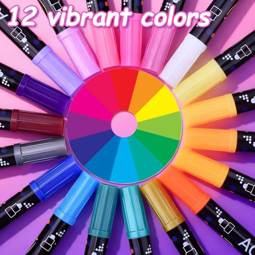 12 Colors Dual Tip Acrylic Paint Pens Markers, Dot & Fine Tip Coloring Drawing Markers for Christmas Decorations, Waterproof Making Art Supplies for Wood, Stone, Rock Painting - color: 12 Colors / Dot & Fine Tip