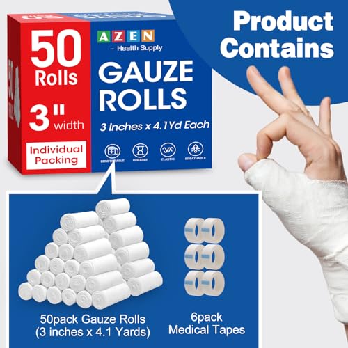 AZEN 50 Pack Gauze Rolls Bandages, 3 in x 4.1 Yards, Premium Medical Supplies & First Aid Supplies, Bandage Wrap Vet Wrap - color: 50p, size: 3IN