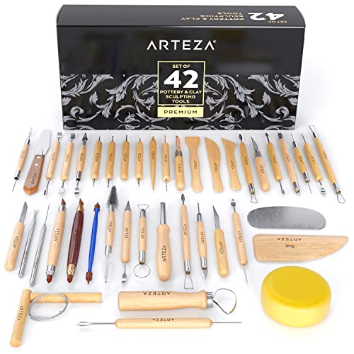 ARTEZA Pottery & Sculpting Tools, 42-Piece Clay Tools Set with Wooden Handles & Steel Tips for Polymer Clay, Ceramics, Carving, Modeling, Shaping & Smoothing - size: Set of 42