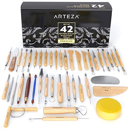 ARTEZA Pottery & Sculpting Tools, 42-Piece Clay Tools Set with Wooden Handles & Steel Tips for Polymer Clay, Ceramics, Carving, Modeling, Shaping & Smoothing - size: Set of 42