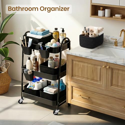 3-Tier Rolling Utility Cart with 4 Woven Baskets, Diaper Book Snack Cart, Storage Organizer for Nursery, Kitchen, Craft Room, Home SPA, Living Room, Metal Frame Trolley on Lockable Wheels, Black - color: Black