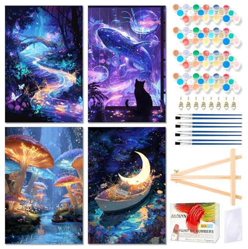 Muzagroo Art 4 Pcs Paint by Numbers Kits for Adults Framed Canvas with Wooden Easel DIY Beach Acrylic Oil Paintings Kits Paint by Numbers on Canvas Wall Art 8x12 inch (Magic Workd) - color: Magic Workd