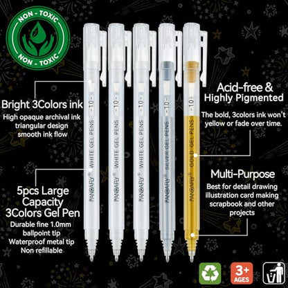 PANDAFLY Gold Silver White Gel Pens, 5-Pack, 1.0mm Fine Point | 3 Colors Archival Ink Pens for Highlights, Black Paper Drawing, Sketching, Illustration, Card Making, Bullet Journaling - color: Multicolor