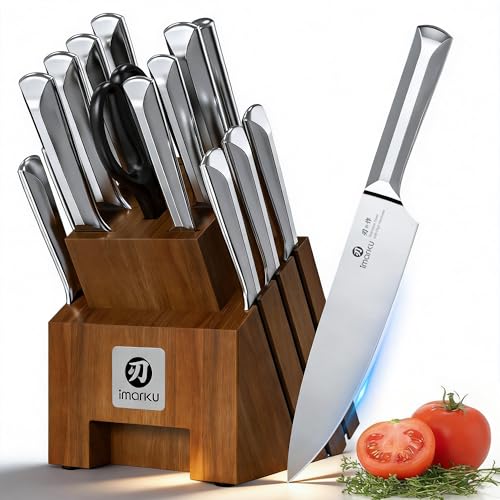 imarku 16PCS Stainless Steel Knife Set, Full Tang Design with Wooden Block | Knife Set With Block And Sharpener, High Carbon Stainless Steel Blades, Ergonomic Non-Slip Handles, Dishwasher Safe Design - color: Brown-Sliver, size: 16 Pcs