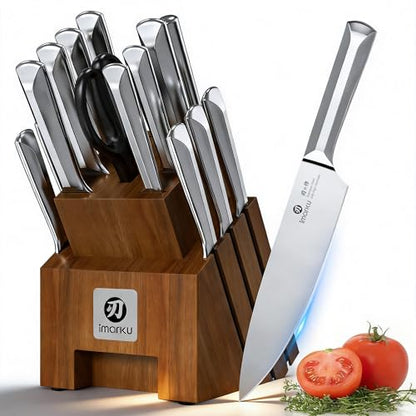 imarku 16PCS Stainless Steel Knife Set, Full Tang Design with Wooden Block | Knife Set With Block And Sharpener, High Carbon Stainless Steel Blades, Ergonomic Non-Slip Handles, Dishwasher Safe Design - color: Brown-Sliver, size: 16 Pcs