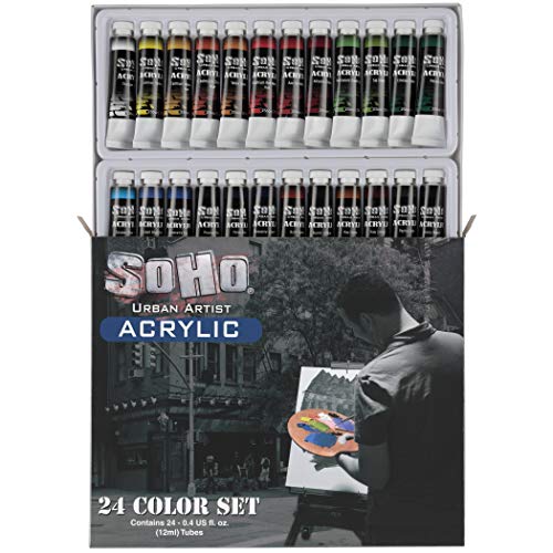 Soho Urban Artist Acrylic Paint - Thick, Rich, Water-Resistant, Heavy Body Paint, Basic Set of 24, Set of 24-12mL - size: Set of 24 - 12mL