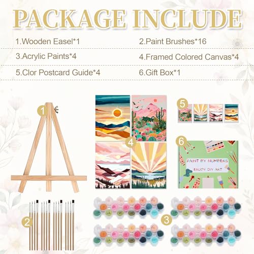 Ninonly Paint by Numbers Kit for Adults with Framed Canvas 4 Pack, Sunrise Paint by Number Arts Kits for Beginner with Wooden Easel, Acrylic Set, Brushes for Home Decor, 9 * 12 Inch - color: Sunrise 4 Pack 9x12 Inch